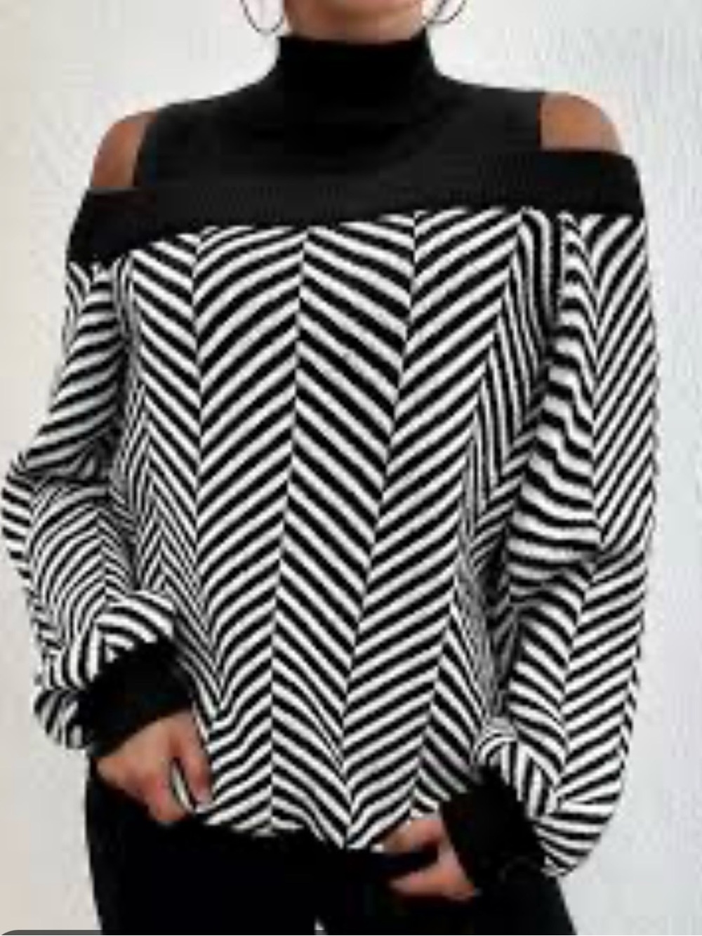 Black & White Cold-Shoulder Chevron Sweater